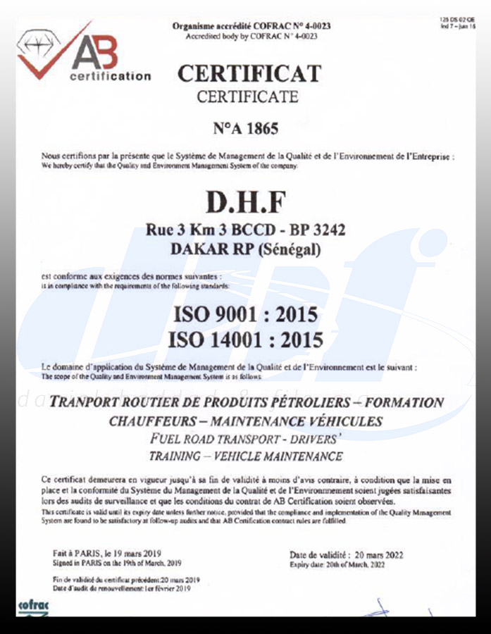 certificat iso 9001 iso 14001 DHF